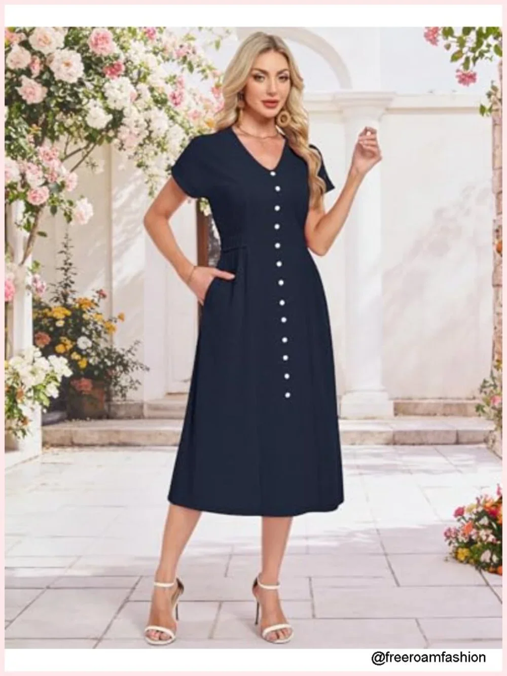Women's Casual Midi Dress V Neck Short Sleeve Waffle Knit A Line Flowy with